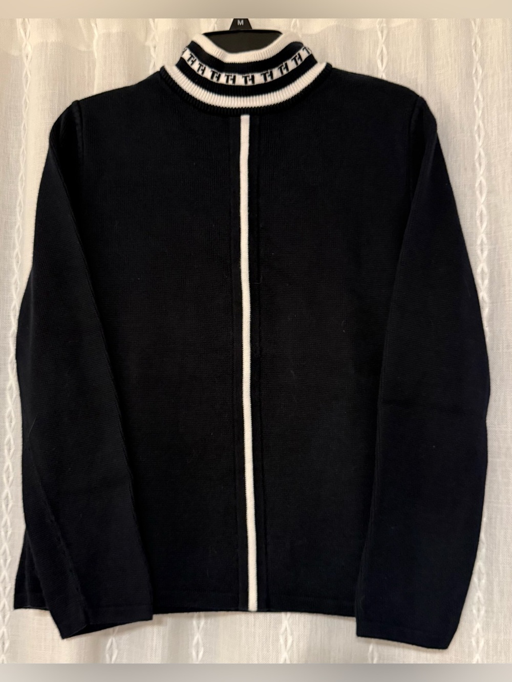 Tommy Hilfiger mock neck sweater w/white striped design. Sz. M